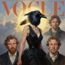 morning, a woman in a black dress with a raven head. sun, cinematic, clouds, vogue cover style, contracting colors mood, realistic painting, intricate oil painting, high detail, figurative art, multiple exposure, poster art, 3 d, by simon bisley, ismail inceoglu, wadim kashin, filip hodas.