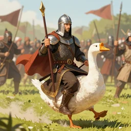 crusader riding a goose into battle
