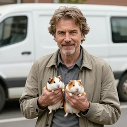Willem Dafoe holding two hamsters on the street next to a van