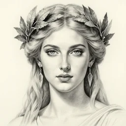 pencil drawing of a beautiful greek goddess aphrodite wearing a goddess leaf crown and arrowhead earrings, beautiful piercing eyes with sexy look, beautiful blonde hair, hyper realistic face, in the style of greg rutkowski, fantasy, amazing detail, epic, elegant, smooth, sharp focus, from the front