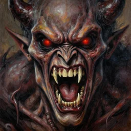 close up portrait of an evil monster of hell, evil eyes, sharp disgusting teeth, screaming, scary as hell, sinister, bad vibes, oil painting by tomasz jedruszek, cinematic lighting, pen and ink, intricate line, hd, 4 k, million of likes, trending on artstation