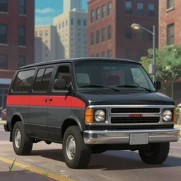 a wholesome animation key shot of one!! focused black and metallic grey, red stripe! 1 9 8 3 gmc van!, a - team, in chicago city, medium shot, studio ghibli, ( pixar ) and disney animation, sharp, very detailed, high resolution, rendered in unreal engine 5, anime key art by greg rutkowski, bloom, dramatic lighting