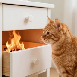 an orange cat staring at a drawer ~ on fire ~ fire ~ high - resolution photo ~