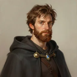 Young John Malkovich with short brown hair and brown beard in a cloak, half-elf Divination Wizard Pathfinder character art d&d character portrait