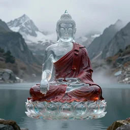figure of buddhist monk from transparent and high reflective glass in traditional dark red cloth in lotus position, fly over himalaya mountains lake in weightlessness, small fog and gloomy atmosphere, highly detailed science fiction illustration. photorealistic, hyper detailed illustration, 8 k, movie still