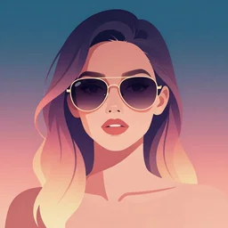 flat portrait art of an beautiful muted vaporwave ombre stylish retrofuturistic beautiful woman wearing oversized aviator sunglasses atmosphere, glow, shaded, full of colour, cinematic lighting, trending on artstation, 4 k, focused, vector, by patrick nagel, simple bold clean lines, made with illustrator
