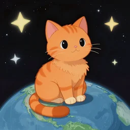 A fuzzy orange cat sitting on planet earth, space with stars in the background, trending on artstation, classic disney style