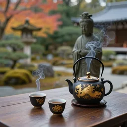 japanese garden, temple, statue, traditional japanese tea pot, two smoky cup of tea on a wood table, smoky autumn lightings, japanese garden background, micro details, ( ( ( intricate ) gold details ) ), photorealism, crisp, hasselblad camera, by annie leibovitz