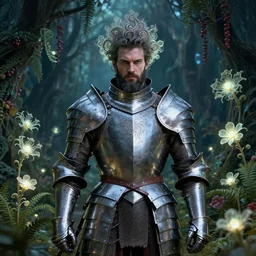 a male knight with beard, stern face, clear eyes, shining armour made of steel, and fractal hair in a fractal garden, glowing delicate flower, berries and ferns that grow in a dark flowering fantasy forest, full frame,