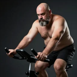 a big man with a bald head, trimmed grey beard and pointed nose, sitting on and using his peloton exercise bike, photorealistic, dramatic
