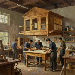 highly detailed oil painting | very intricate | cinematic lighting | award - winning | craftsman | building a piece of furniture in their well organized clean workshop | beautiful cinematic light, american romanticism, by huang guangjian, gil elvgren, ruan jia, randy vargas, greg rutkowski, artstation, cgsociety, official art, octane