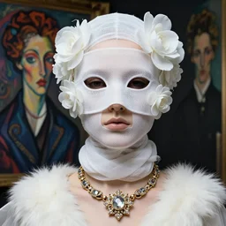 a futuristic portrait by mask made o white gauzes and plastic flowers, white fur necklace made by gauzes twisted around neck, design by leonardo davinci, inspired by egon schiele, balenciaga, modern art, baroque art jewelry, new classic, fashion design, photorealistic, hyper realistic, cinematic composition, cinematic lighting, fashion design, concept art, 8 k -