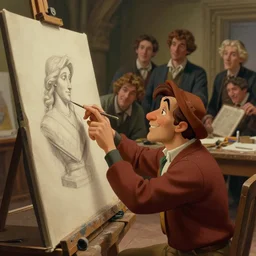 a overview film still of a ( disney character ) man measuring with your finger a statue to draw in an observation drawing classm hans dahl, by jesper ejsing, by anders zorn, by greg rutkowski, by greg manchess, by tyler edlin