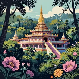 ( ( ( gediminas pranckevicius ) ) ), wat bukit perak jungle temple, summer morning, very coherent and colorful high contrast art by james gilleard floralpunk screen printing woodblock, dark shadows, pastel color, hard lighting