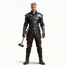 silver-haired blacksmith with hammer, photorealistic portrait photography, full body, standing, isolated on a pure white background, centered, whole figure in frame, sharp focus, studio lighting