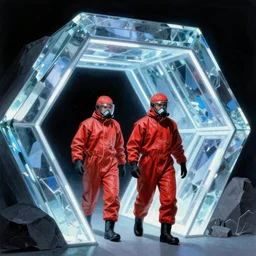 two scientists wearing red hazmat suits, entering the geometric neon crystal dimensional gateway by frank frazetta