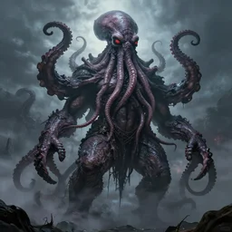 great cthulhu is nightmare made flesh, towering well over 1, 0 0 0 feet high. his head appears as an octopus or squid, mma fighter body, humanoid, enormous