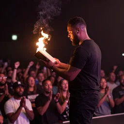 Modern worship leader burning a Bible on stage, dramatic lighting, crowd cheering