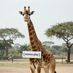 film still of a (giraffe) with a (((sign))) that says ((wanna play))