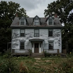 ultra realistic color photo of a run - down three storey colonial home with two decks on either side of the house in the overgrown new england countryside in 1 9 2 5, highly detailed, dark, atmospheric, brooding