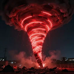 a photo taken inside a neon red tornado intense debris
