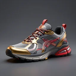realistic 3 d render product shot of a cyberpunk sneaker, beautiful studio lighting, soft, sharp focus, neon cyberpunk highlights, intricate detail, gold and red accents, soft rubber, octane render, wide angle, trending on artstation, deviantart, art by syd mead and issey miyake