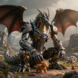 robot dragonborn, sitting, playing with toys, unreal engine, 3D, octane render