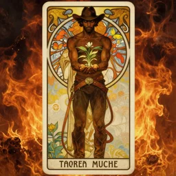 a dramatic ethereal epic painting of a handsome black cowboy cupping a plant in his hands | background is fiery | he is shirtless and wearing a hat and boots | tarot card, art deco, art nouveau, homoerotic | by Mark Maggiori and Alphonse Mucha | trending on artstation