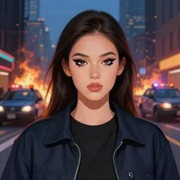 digital painting of a streetwear woman with running mascara, a city burns in the background, police lights, distress, tattoos, dark glitter, Cinestill 50d, 4k, 8k, hd, full color, octane render, trending on artstation, highly detailed