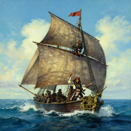pirates of the caribbean, the black pearl, sailing on a beautiful ocean, painting by greg rutowski