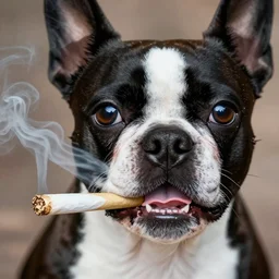 close up of Boston Terrier dog smoking a joint with big crazy eyes high detail