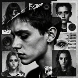 overstimulated by visual sound, ear, mixed media, somber, sadness, sharpness, edgy punk modern graphic design collage art