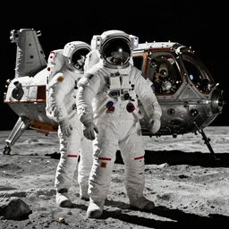 astronauts standing on the moon with a spaceship, photorealistic, ultra-detailed, 4k high resolution, HDR shot, cinematic lighting