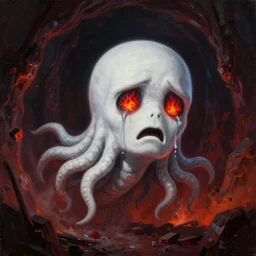 painting by greg rutkowski of a flying sorrowful looking human head with tears running down it's eyes, face that is chalk white in color, with long sprawling white tentacles stemming down it's neck, fiery scorching red eyes, flying in a terrying hellish dark cavernous place, minecraft ghast