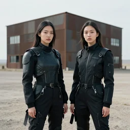 cinestill 5 0 d photographic portrait of two clones, techwear women on a desolate plain, a brutalist metal building in the background, depth of field, 4 k, 8 k, hd, full color