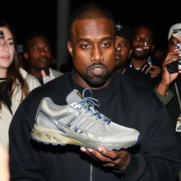 kanye west holding a strange shoe and showing it to people