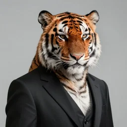 portrait of an anthropomorphic tiger wearing a black suit, ultra detail, ultra realistic, soft fur, ssao 8 k