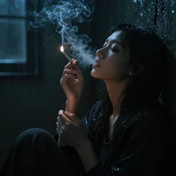 complete dark raining room a girl smoking cigarette and blows smoke, cigarette light is only light source