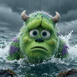 pain is splattered on the sad monster's green face on a rainy day and stormy ocean waves crash against his huge head, unreal engine