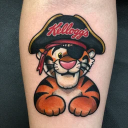 “Tattoo of Kellogg’s Tony the Tiger wearing a pirate’s hat and eye patch”