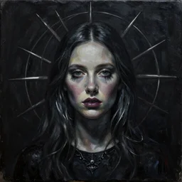 a striking esoteric painting of Evan Rachel Wood, dark, metal, black background, occult, by Paulina Peavy