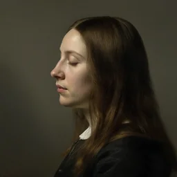 The profile of a woman with long hair and closed eyes by Frans Hals and Gregory Crewdson. masterpiece. hq. ultra detailed. realistic. moody. cinematic. Color photography. portra 400.