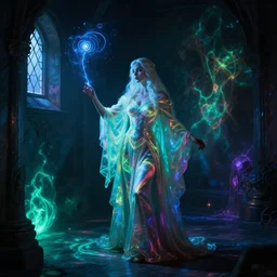 sorceress with occlusion shadows, vividly casting phosphorescent spells, of arcane projections volumetric lighting, impenetrable umbra shading fills room, portal lights placed near small window