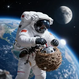 black ant astronaut repairing its space nest craft with the earth and the moon in background, and shooting stars, aesthetic octane render, hyperrealistic, focused, extreme details, masterpiece, 8 k, ultrahd, hd resolution