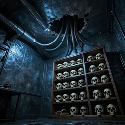 low angle shot creepy illustration of a metal room with large tubes and cables coming out of a hole in the ceiling and a bookshelf filled with skulls on the back wall, blue light, dramatic lighting, moody lighting, golden ratio, rule of thirds, 3 d environment, environmental art, environmental design, cinematic low angle, dutch tilt, 8 k, realistic lighting, realistic shading, octane render