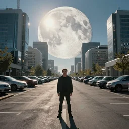On a parking lot in a futuristic space city of Neo Norilsk on the Moon, a Mysterious man is standing in the middle of a street photo by Trent Parke, the sun is blinding, a Russian city on the Moon