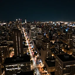 a cityscape at night, twinkling lights, busy streets, tall buildings, hectic