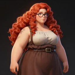 highly detailed, digital art, pixiv fanbox, trending on artstation, ray tracing, volumetric lighting, sharp focus, hq, fallout 4 style character, a fat body redhead girl with soft curl long hair and glasses, wearing a skirt, by artgerm, wlop, greg rutkowski, miyazaki hayao