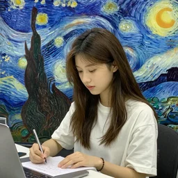 The low-fi hiphop stuyding girl, in the style of Van Gogh