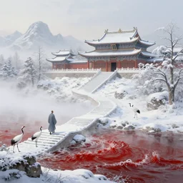 a gorgeous landscape painting by barlowe wayne maxfield parrish and marco mazzoni. winter morning. snow. chinese temple. just one lonely chinese monk in grey blue long gown walks on the winding steps. three cranes. ultra clear detailed. 3 d, octane render. turbulent blood lake. fog
